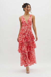 Sarah | Langes Kleid mit V-Ausschnitt und Volants Blume – Rot