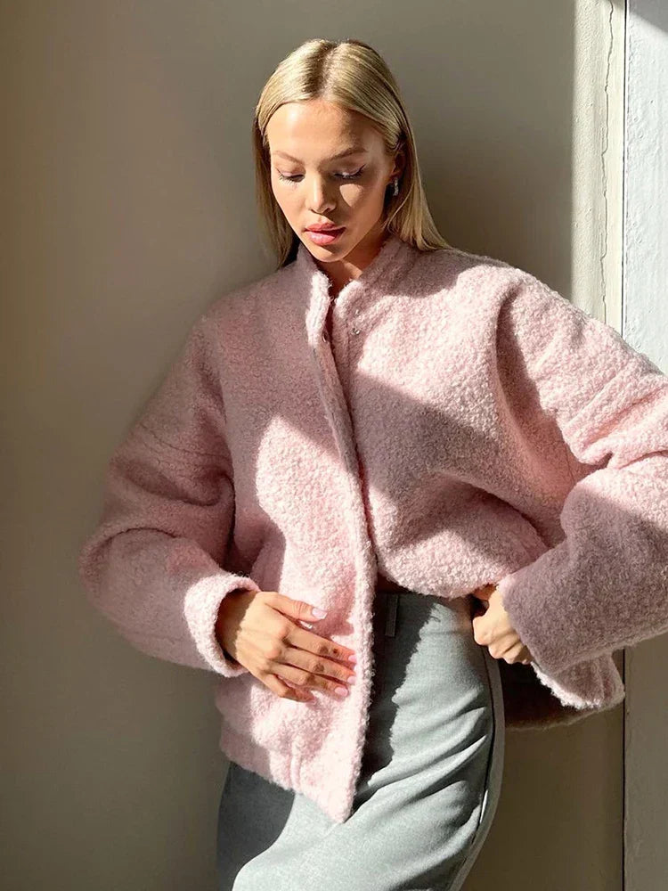 Misera | Lässige rosa Kunstpelzjacke mit Stehkragen für Damen
