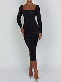 Damen Langarm Quadratausschnitt Midi Etui Kleid – Schwarz