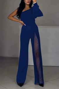 Modischer und sexy Damen Jumpsuit mit abfallenden Schultern und hohem Schlitz – Blau