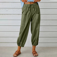Kobe™ Baumwoll-Leinen-Hose mit Fronttaschen und verstellbarem Kordelzug – Grün