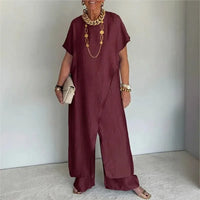 Aurenya™ Set Mit Asymmetrischer Tunika und Fließender Pantalonhose – Bordeauxrot