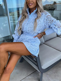 Krizelle - Hohle Spitzenbluse und Shorts-Set – Hellblau