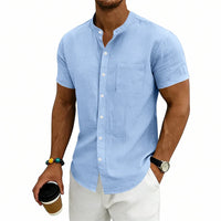 Montese™ Hemd Aus Leinen-Baumwolle Mit Stehkragen – Blau