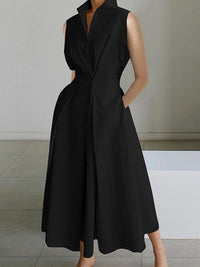 Scarlett Langes Kleid | Modernes V-Ausschnitt Midikleid mit Taschen – Schwarz