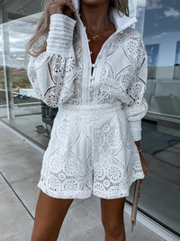 Krizelle - Hohle Spitzenbluse und Shorts-Set – Weiß
