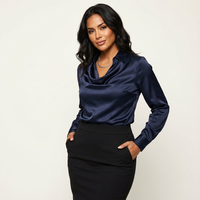 Damen Satinbluse mit Drapiertem Kragen – Blau
