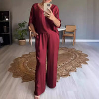Marevielle™ Set Aus Satinartigem Stoff Mit Lockerer Bluse und Fließender Pantalonhose – Bordeauxrot