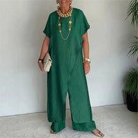 Aurenya™ Set Mit Asymmetrischer Tunika und Fließender Pantalonhose – Grün