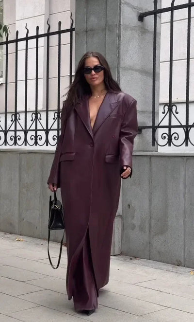 Fatim | Oversized Burgunderroter PU-Ledermantel für Damen