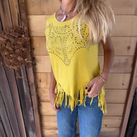 Lumivibe™-Bluse mit Strassverzierungen und Zarten Fransen am Saum – Gelb