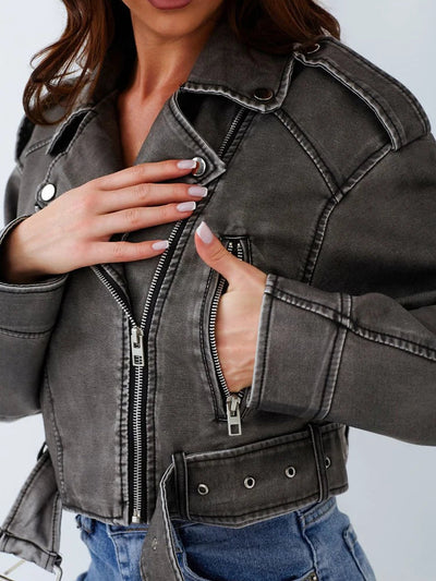 Olinthaveia | Vintage Damen Streetwear Kurzlederjacke