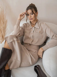Olizineia | Damen Strick Blazer-Rock Set – Khaki