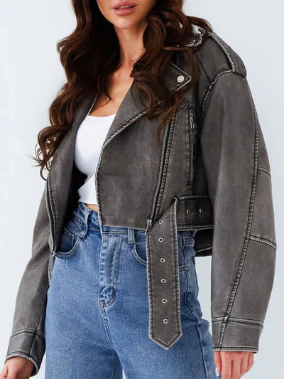 Olinthaveia | Vintage Damen Streetwear Kurzlederjacke