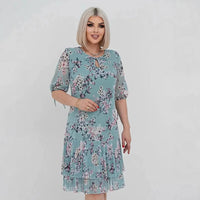 Évelyne™-Kleid mit Zartem Blumenmuster und 3/4-Ärmeln – Grün