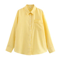 Damen Streifen Kragen Lang Bluse – Gelb
