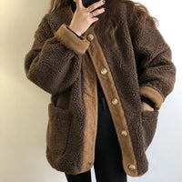 Klesithra | Damen Parka Winterjacke im Retro Patchwork Koreanischen Stil – Kaffee