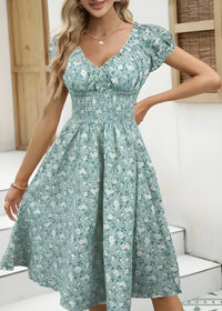 Nancy - Blumen-Midi-Kleid mit Puffärmeln – Grün