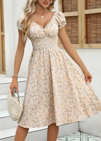 Nancy - Blumen-Midi-Kleid mit Puffärmeln – Khaki