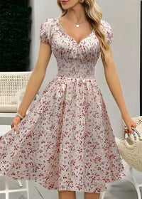 Nancy - Blumen-Midi-Kleid mit Puffärmeln – Rosa