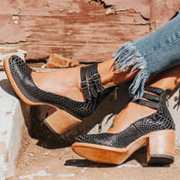 Sommerliche Pumps mit Blockabsatz – Vintage Mary Jane Schuhe für Hochzeit – Schwarze Schlange