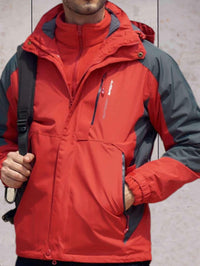 Wind- und wasserdichte Wanderjacke mit Kapuze, Taschen und doppeltem Reißverschluss und Knopfverschluss – Rot
