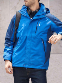Wind- und wasserdichte Wanderjacke mit Kapuze, Taschen und doppeltem Reißverschluss und Knopfverschluss – Blau