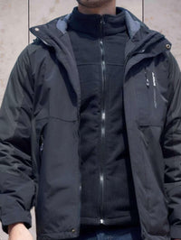 Wind- und wasserdichte Wanderjacke mit Kapuze, Taschen und doppeltem Reißverschluss und Knopfverschluss – Schwarz