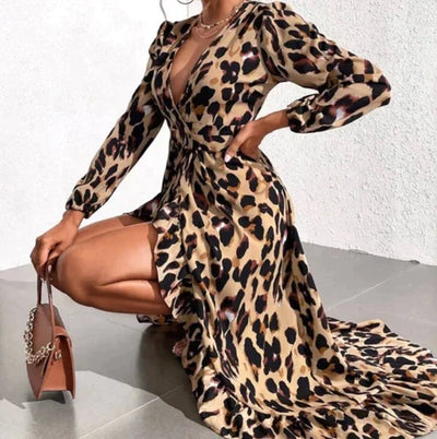 Sheena - Elegantes Leoparden-V-Ausschnittkleid