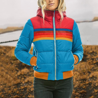 Gestreifte Retro-Pufferjacke für Damen mit Reißverschluss auf der Vorderseite – Hellblau