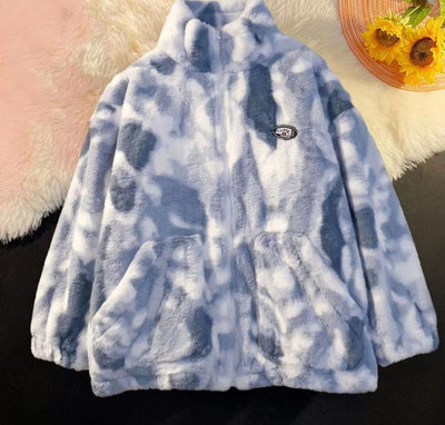 Irene | Moderne Zippjacke mit Stehkragen in Plüsch und Tie-Dye-Effekt