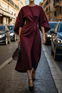 Sonia - Elegantes Kleid mit Lanternenärmeln und Gürtel – Bordeaux