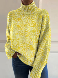 Ria™ | Vintage Farbblock Blumenmuster Strickrollkragenpullover – Gelb mit blumenmuster