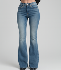 Sarah – Damen-Schlagjeans mit hohem Bund im Vintage-Stil aus Stretch-Denim – Mittelblau