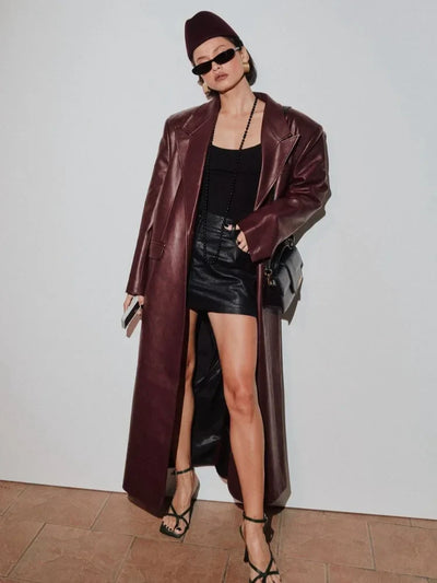 Fatim | Oversized Burgunderroter PU-Ledermantel für Damen