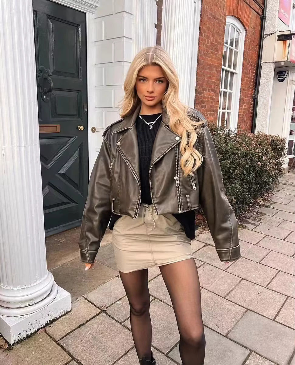 Olionaveia | Damen PU Motorradjacke mit Reißverschluss und Gürtel