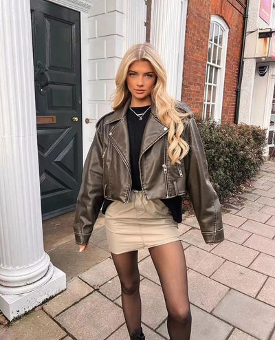 Olionaveia | Damen PU Motorradjacke mit Reißverschluss und Gürtel