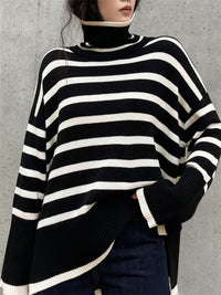 Kynesia - Übergroß Strickpullover Mit Streifenmuster Und Rollkragen – Schwarz