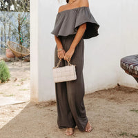 SANNE - Geraffter schulterfreier Jumpsuit – Grau