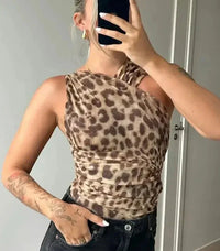 Stefanie Leopardenmuster-Bodysuit | Sommer ärmelloser schlanker bedruckter Damenbodysuit für heiße Tage – Leo-Muster
