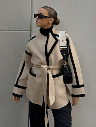 Olithareia | Chic Langarm Jacke Damen mit Gürtel und Patchwork Schnürung