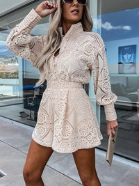 Krizelle - Hohle Spitzenbluse und Shorts-Set – Beige