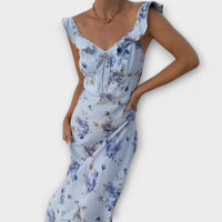 Maxikleid mit geheimnisvollem Blumenmuster und tiefem Ausschnitt – Blau