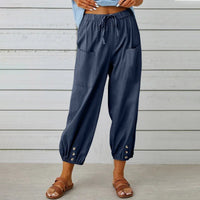 Kobe™ Baumwoll-Leinen-Hose mit Fronttaschen und verstellbarem Kordelzug – Dunkelblau