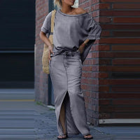 Capri Bleu™ Set mit Asymmetrischem Oberteil und Leichtem Jeansrock – Grau