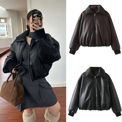 Olivasteia | Damen Lederjacke Gepolsterte Kurze Bomberjacke Warm
