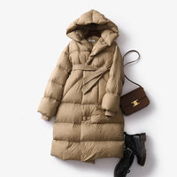 Langer Wintermantel mit Kapuze – Camel
