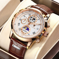 Chronographuhr mit hochwertigem Lederarmband – Goldweiß