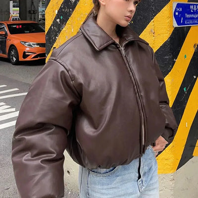 Olivasteia | Damen Lederjacke Gepolsterte Kurze Bomberjacke Warm
