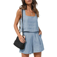 Cassie Sommerlicher Zweiteiler | Modernes ärmelloses Oberteil weite Shorts Sommer Set – Himmelblau